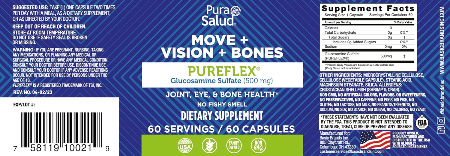 Pureflex Glucosamine Sulfate 500mg - 60 Count - Premium Joint Health Support by Pura Salud