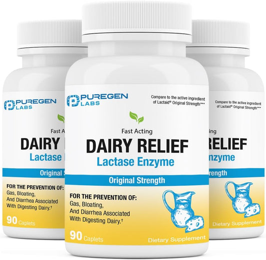 Puregen Labs Dairy Relief Fast Acting Lactase Enzyme 3000 FCC - Lactose Intolerance Pills 3 Pack - 270 Caplets