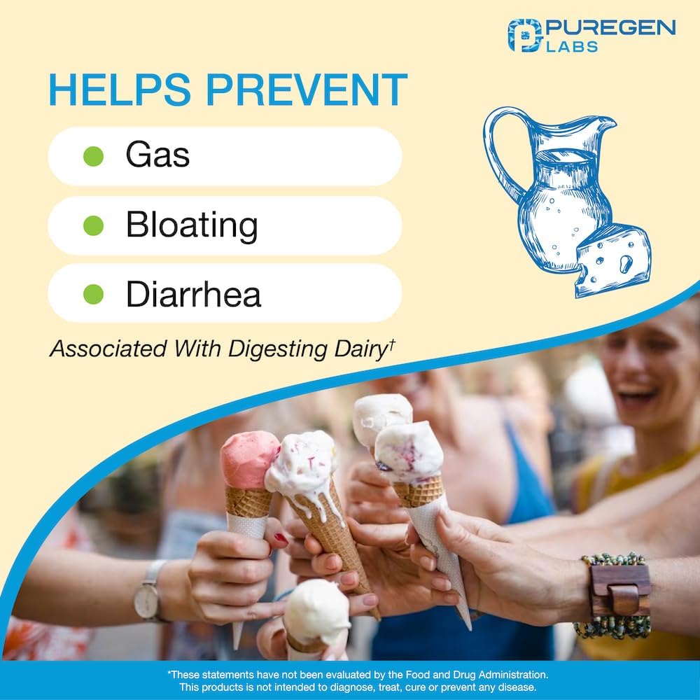 Puregen Labs Dairy Relief Fast Acting Lactase Enzyme 3000 FCC - Lactose Intolerance Pills 3 Pack - 270 Caplets