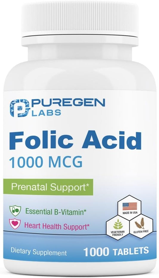 Puregen Labs Folic Acid 1000 mcg Tablets - Vitamin B9 Supplement - Non-GMO & Gluten Free - Made in USA - 1000 Tablets Value Size