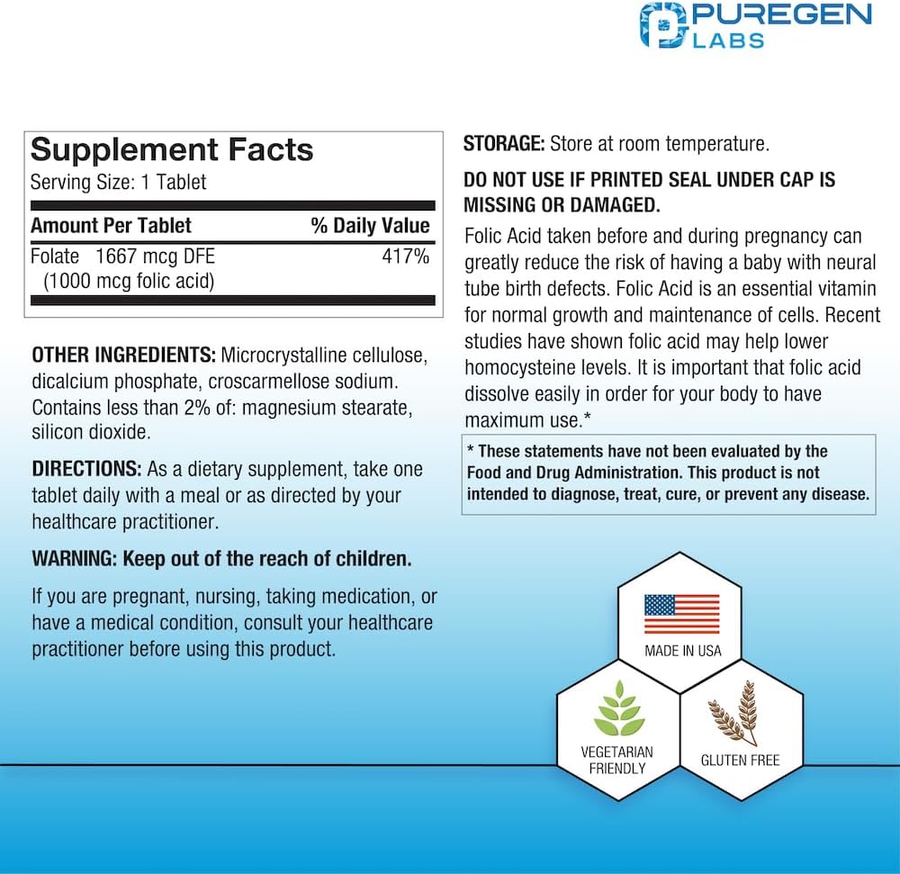 Puregen Labs Folic Acid 1000 mcg Tablets - Vitamin B9 Supplement - Non-GMO & Gluten Free - Made in USA - 1000 Tablets Value Size