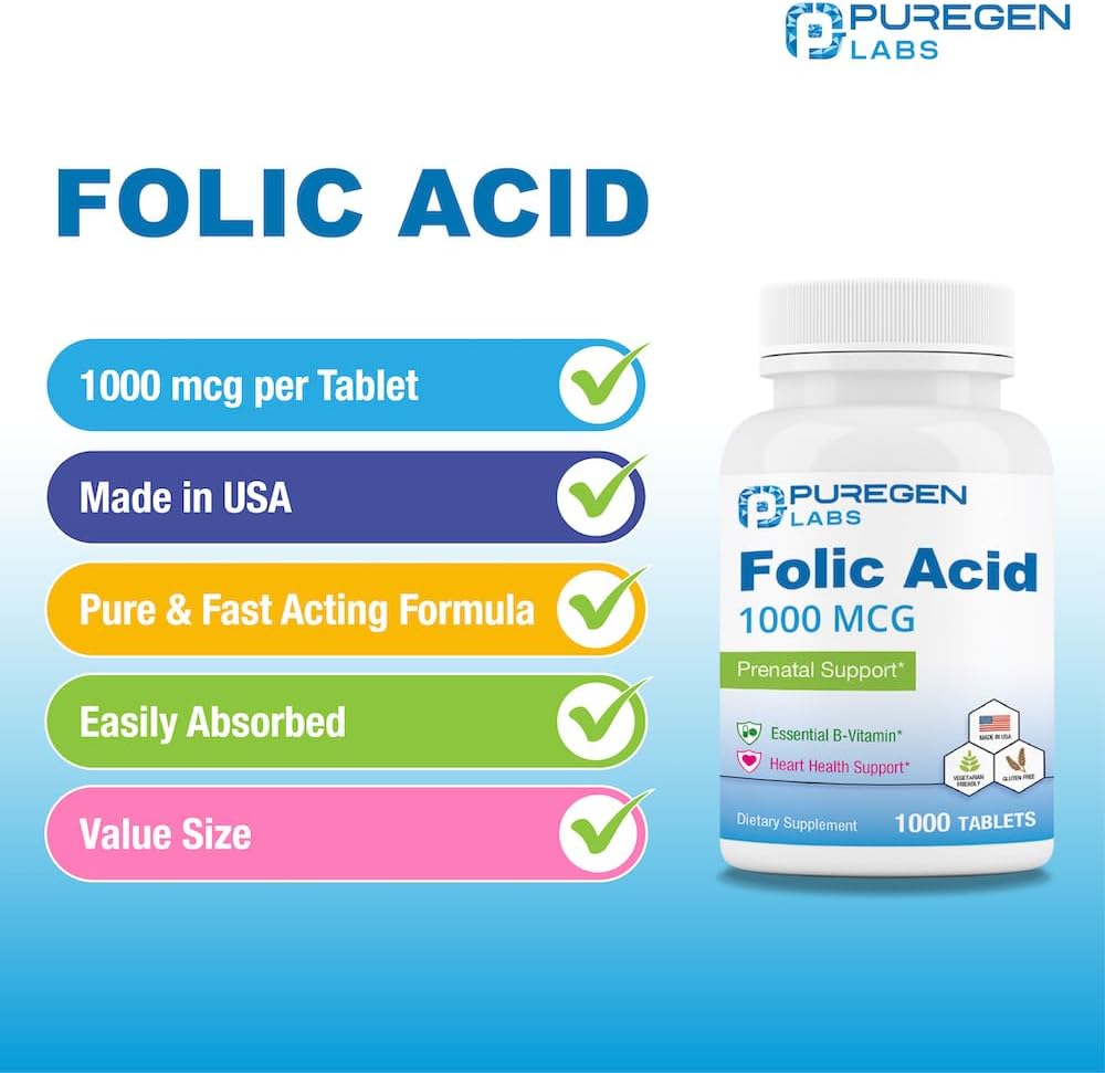 Puregen Labs Folic Acid 1000 mcg Tablets - Vitamin B9 Supplement - Non-GMO & Gluten Free - Made in USA - 1000 Tablets Value Size
