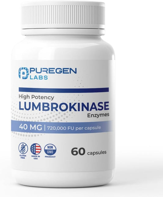 Puregen Labs Lumbrokinase 40mg Capsules - High Potency Supplement with Enzymes - Non-GMO, Gluten Free - 60 Vegetarian Capsules - BoostGo Australia