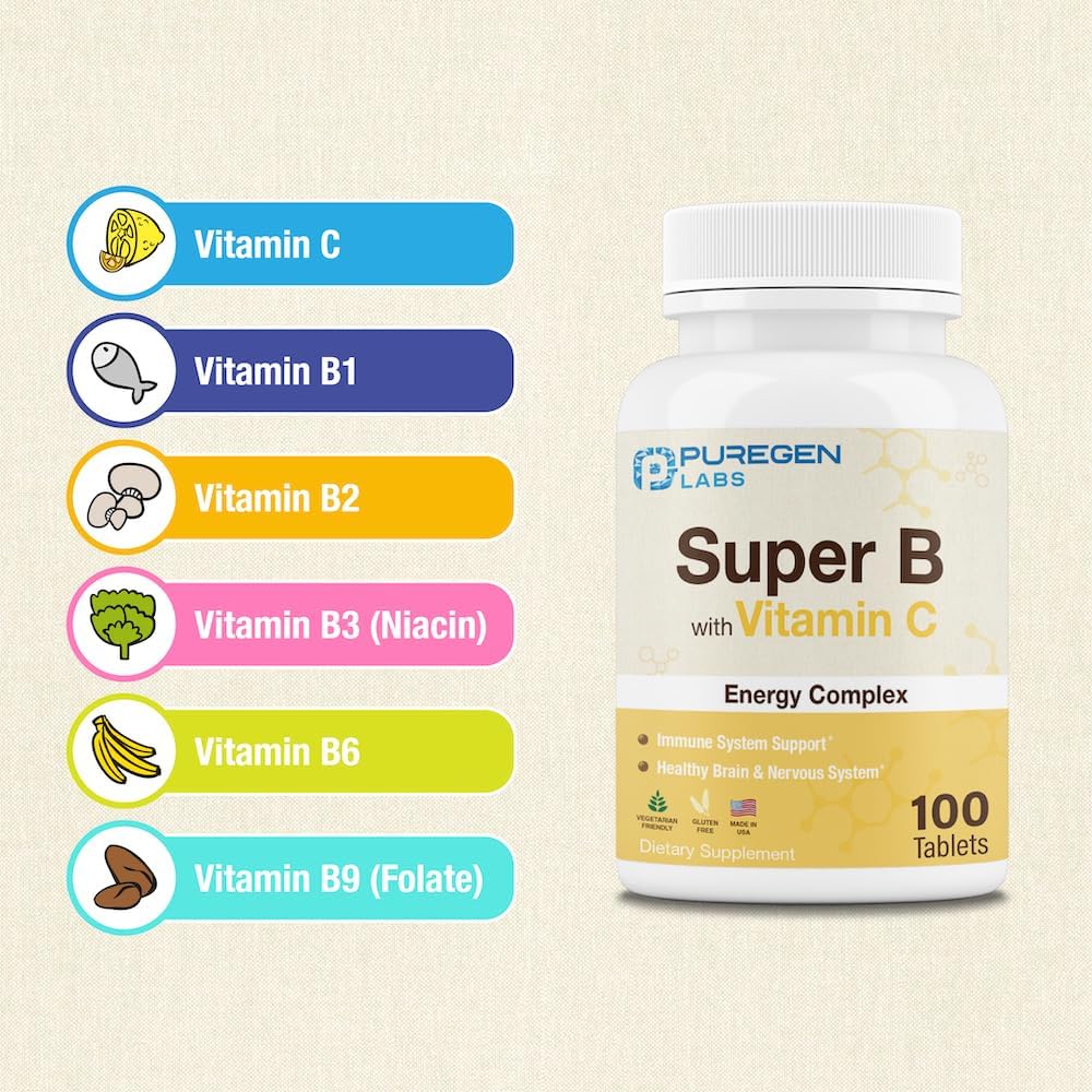 Puregen Labs Super B Energy Complex with Vitamin C - Immune Health & Energy Support - Non-GMO, Gluten-Free - 100 Vegetarian Tablets