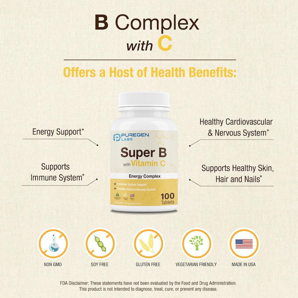 Puregen Labs Super B Energy Complex with Vitamin C - Immune Health & Energy Support - Non-GMO, Gluten-Free - 100 Vegetarian Tablets