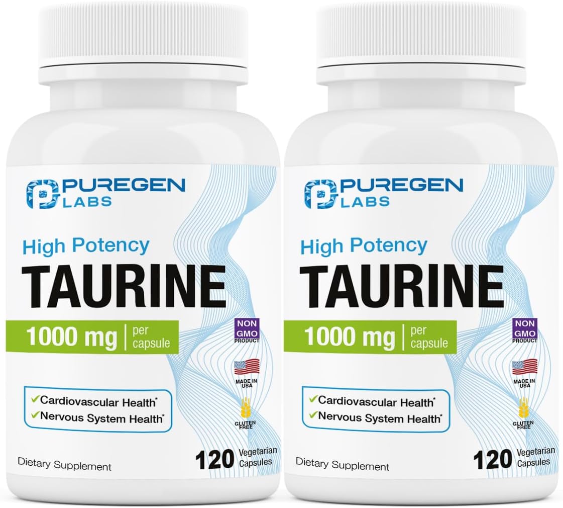 Puregen Labs Taurine 1000mg High Potency 240 Veg Capsules - Non-GMO, Gluten-Free, Dairy-Free - Heart Health and Muscle Recovery Support - USA Made