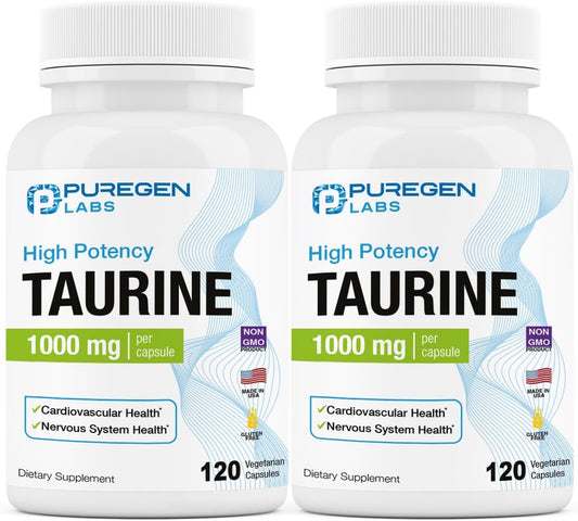 Puregen Labs Taurine 1000mg High Potency 240 Veg Capsules - Non-GMO, Gluten-Free, Dairy-Free - Heart Health and Muscle Recovery Support - USA Made