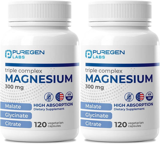 Puregen Labs Triple Magnesium Complex - 300mg Magnesium Glycinate, Malate, Citrate - 240 Veg Capsules - High Absorption - Non-GMO, Gluten Free - Made in USA - BoostGo Australia