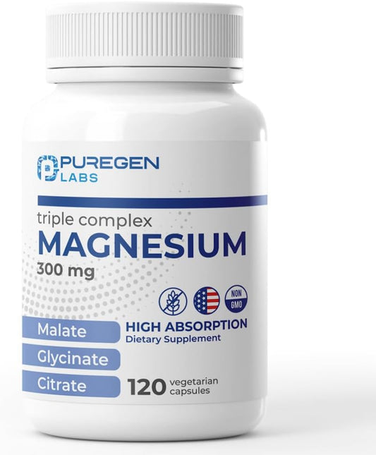 Puregen Labs Triple Magnesium Complex 300mg | High Absorption | 120 Veg Capsules | Non-GMO, Gluten-Free | Made in USA