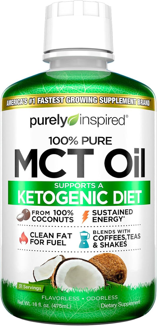 Purely Inspired MCT Oil for Keto & Paleo Diets - Non-GMO Coconut Oil Source - 16 fl oz Unflavored Blend for Coffee, Tea, Shakes - Sustained Energy Boost