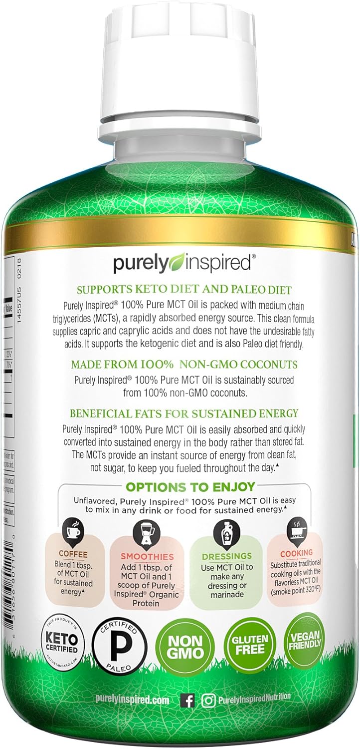 Purely Inspired MCT Oil for Keto & Paleo Diets - Non-GMO Coconut Oil Source - 16 fl oz Unflavored Blend for Coffee, Tea, Shakes - Sustained Energy Boost