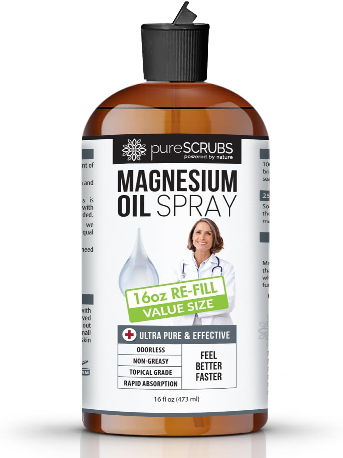 pureSCRUBS Pure Magnesium Oil - Large 16oz Re-Fill Size for 12 Months Supply - Zechstein Brine - Great Value