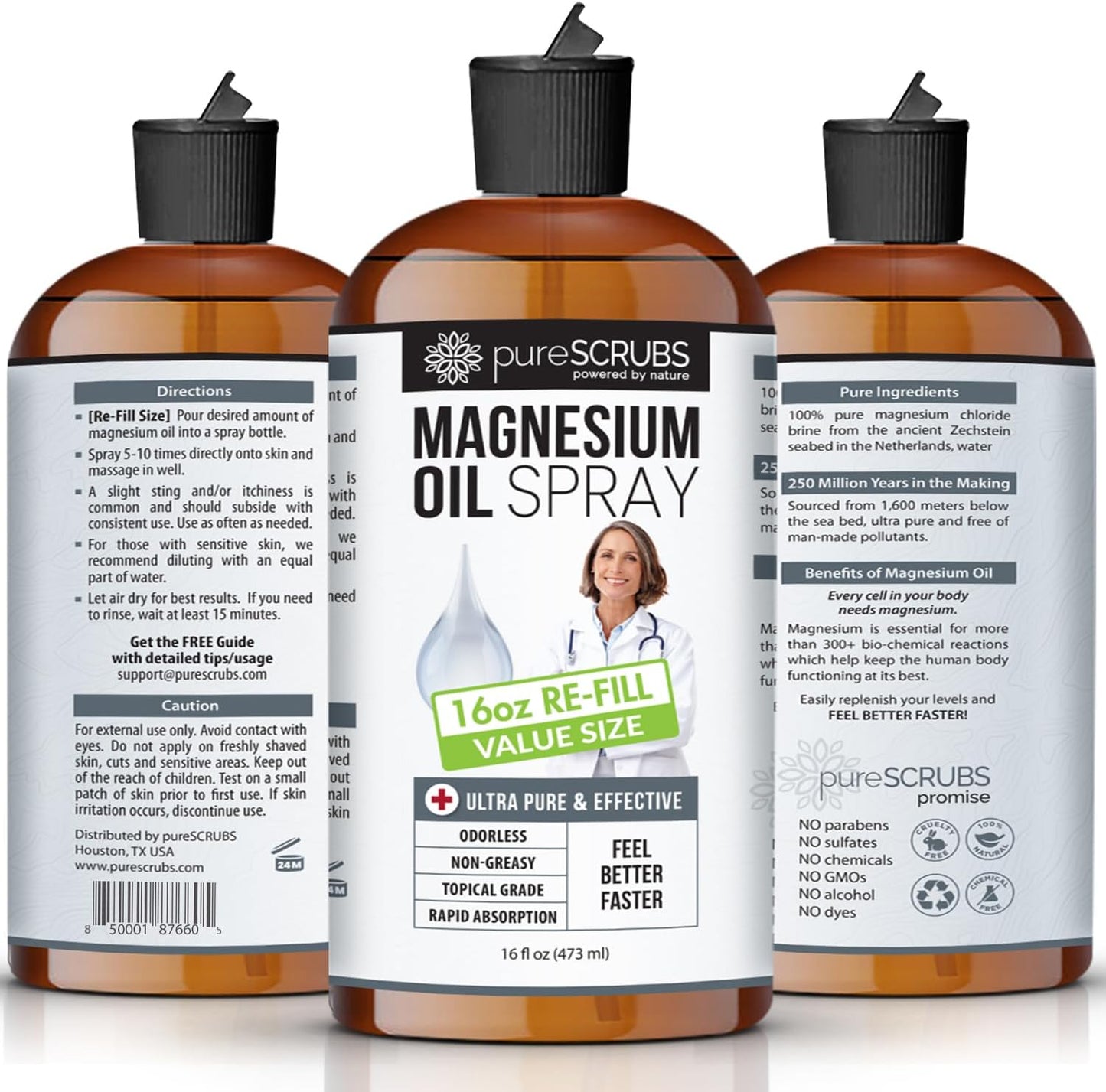 pureSCRUBS Pure Magnesium Oil - Large 16oz Re-Fill Size for 12 Months Supply - Zechstein Brine - Great Value
