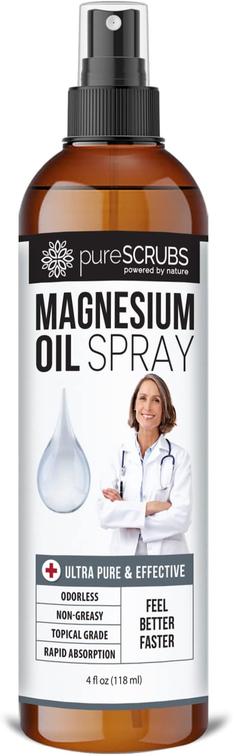 pureSCRUBS Pure Topical Magnesium Oil Spray - Fast Absorption for Feet, Skin & Body - 4 fl oz - Pure Zechstein Brine - Health Boost
