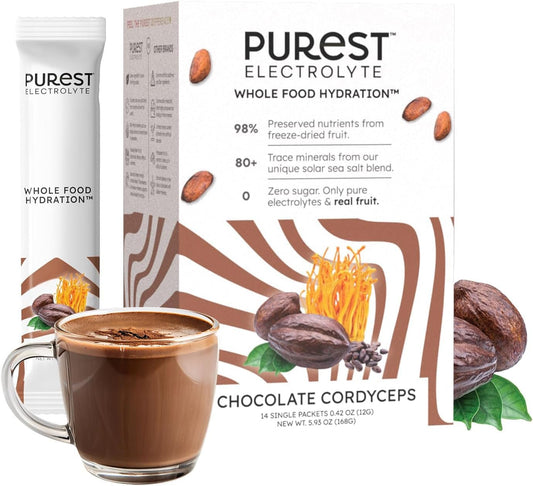 Purest Chocolate Cordyceps Electrolyte Powder Packets for Whole Food Hydration - Fermented Cacao & Solar Sea Salts for Ultimate Balance