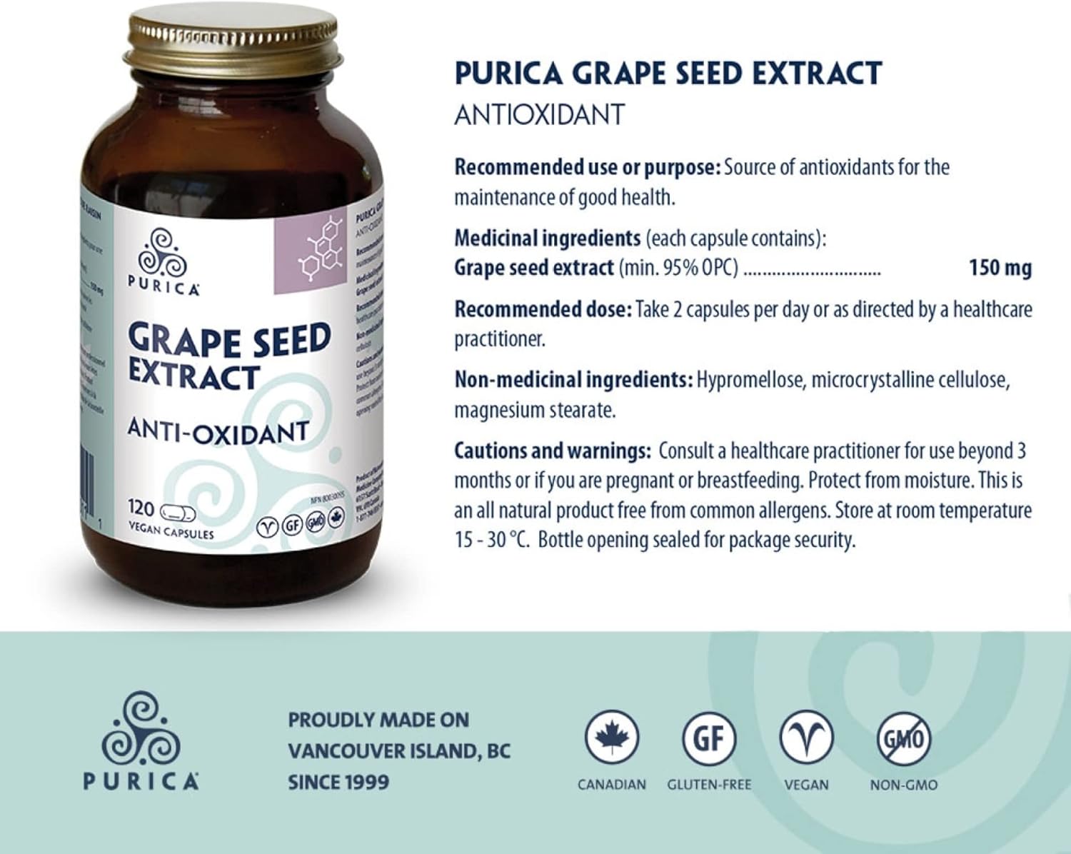 Purica Grape Seed Extract Capsules - 120 Vcaps - Antioxidant Support Supplement