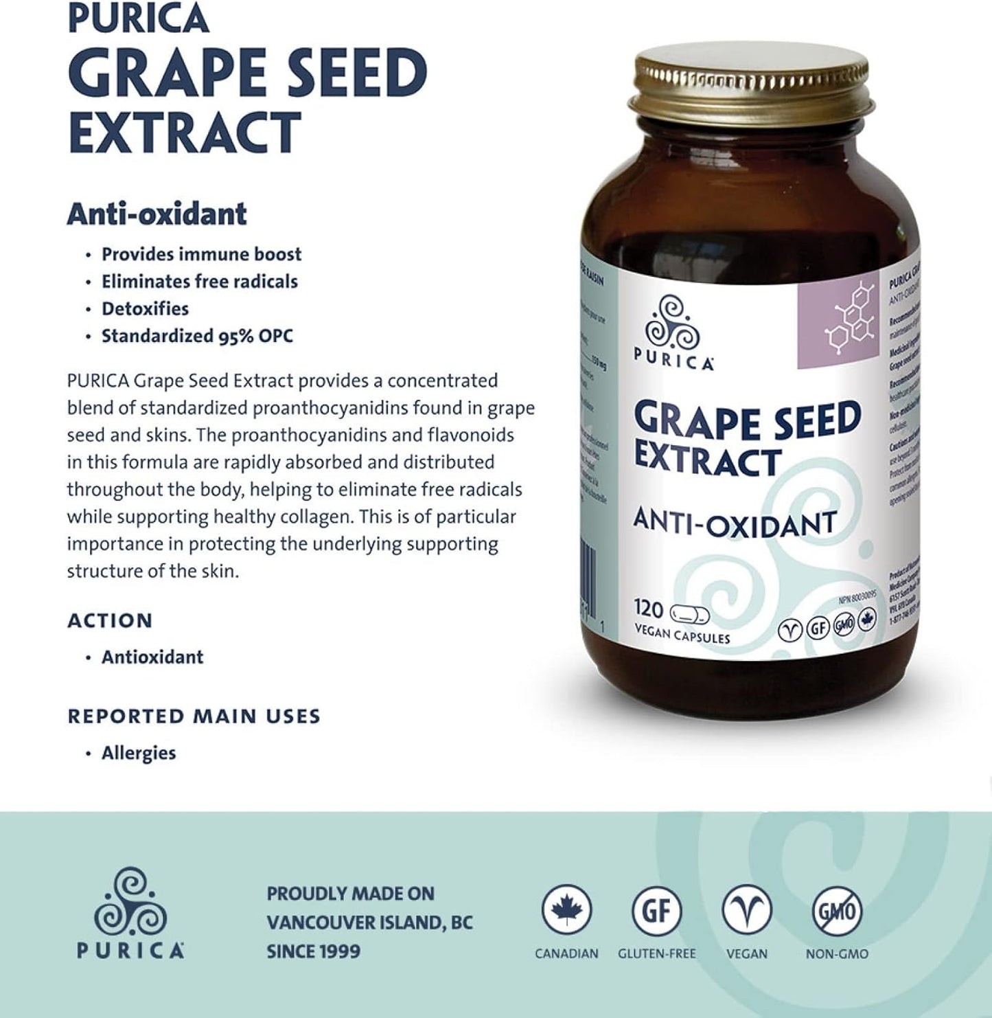 Purica Grape Seed Extract Capsules - 120 Vcaps - Antioxidant Support Supplement