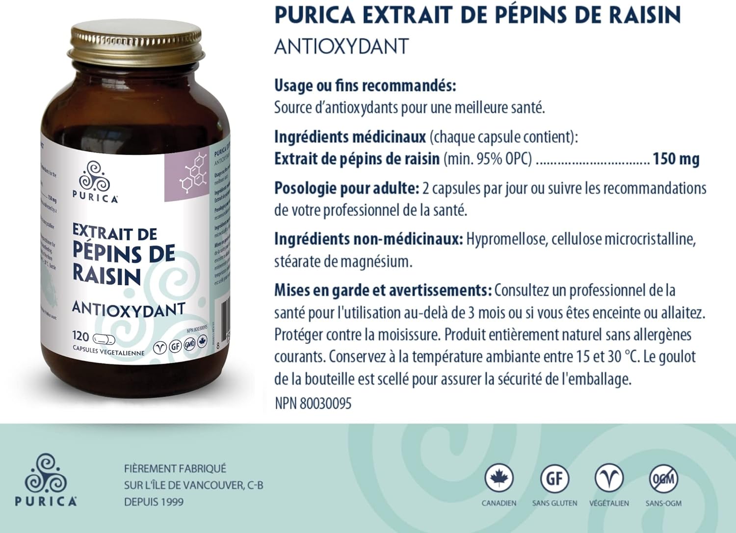 Purica Grape Seed Extract Capsules - 120 Vcaps - Antioxidant Support Supplement