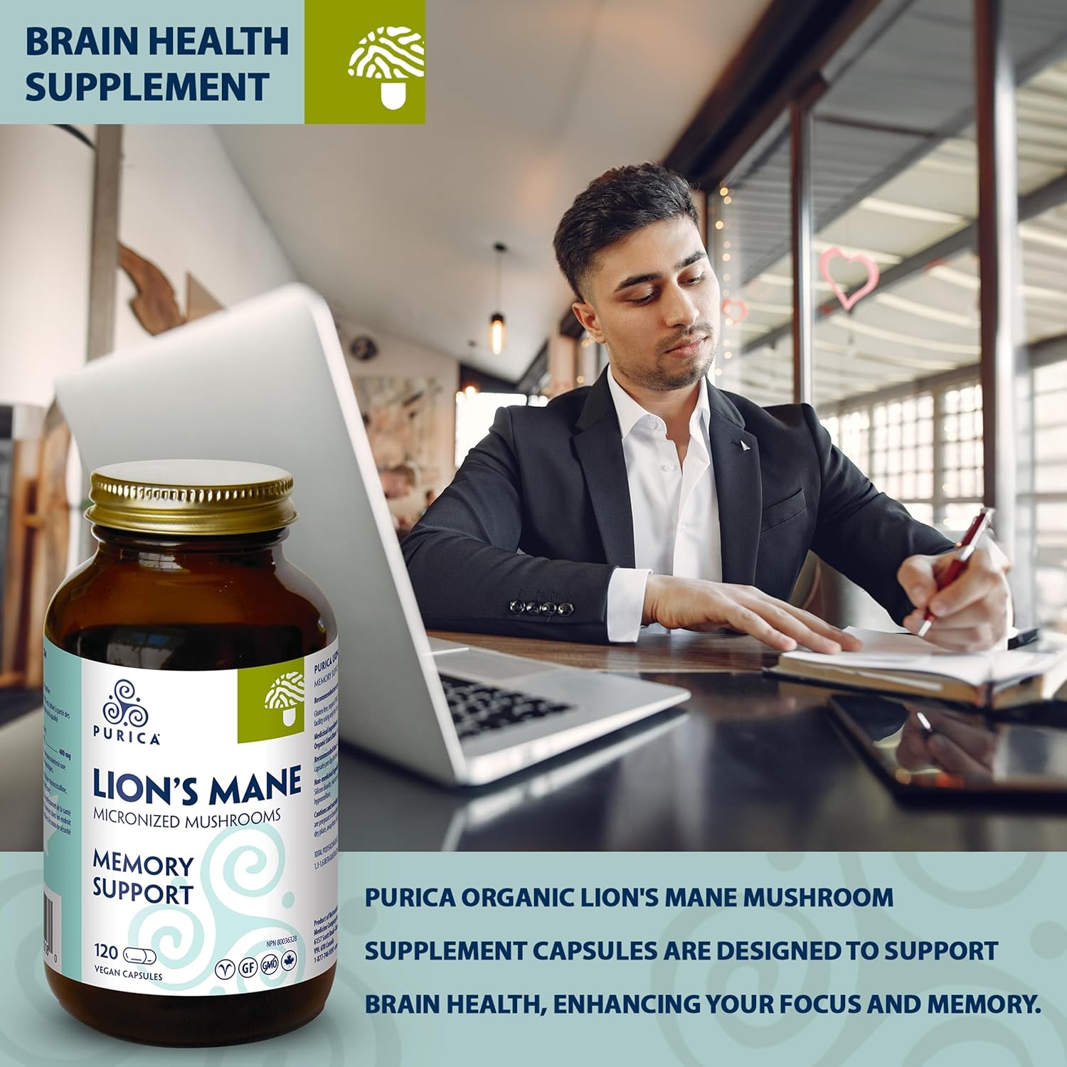 PURICA Lion's Mane Micronized Mushrooms - 120 Vegan Capsules for Cognitive Health, Focus, and Memory Support