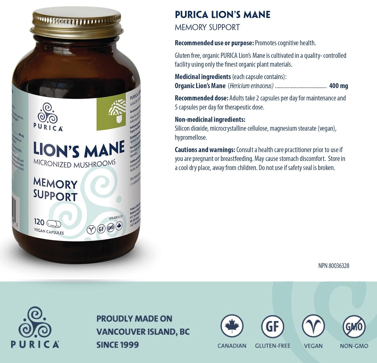 PURICA Lion's Mane Micronized Mushrooms - 120 Vegan Capsules for Cognitive Health, Focus, and Memory Support