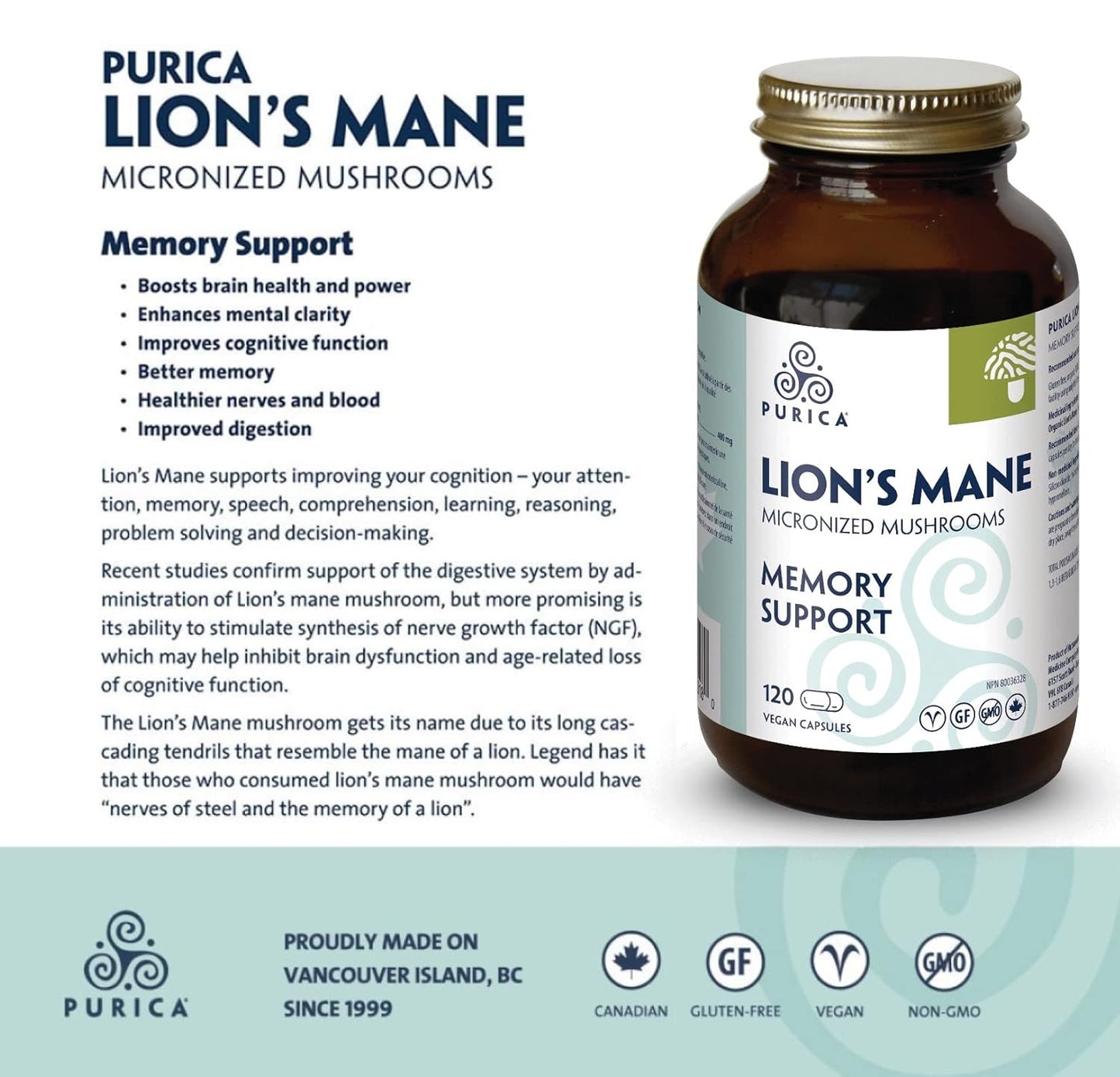 PURICA Lion's Mane Micronized Mushrooms - 120 Vegan Capsules for Cognitive Health, Focus, and Memory Support