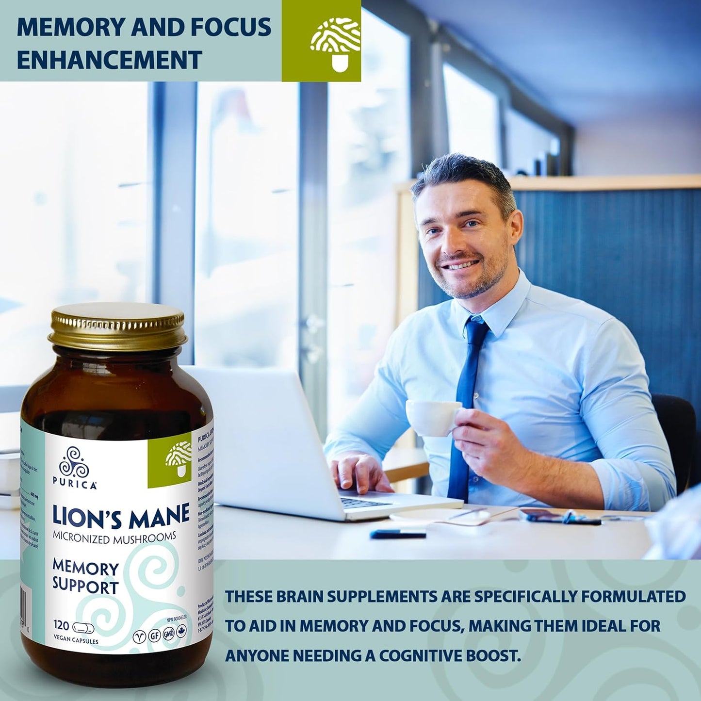 PURICA Lion's Mane Micronized Mushrooms - 120 Vegan Capsules for Cognitive Health, Focus, and Memory Support