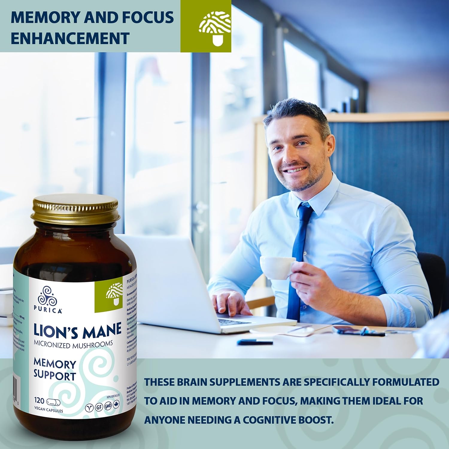 PURICA Lion's Mane Micronized Mushrooms - 120 Vegan Capsules for Cognitive Health, Focus, and Memory Support