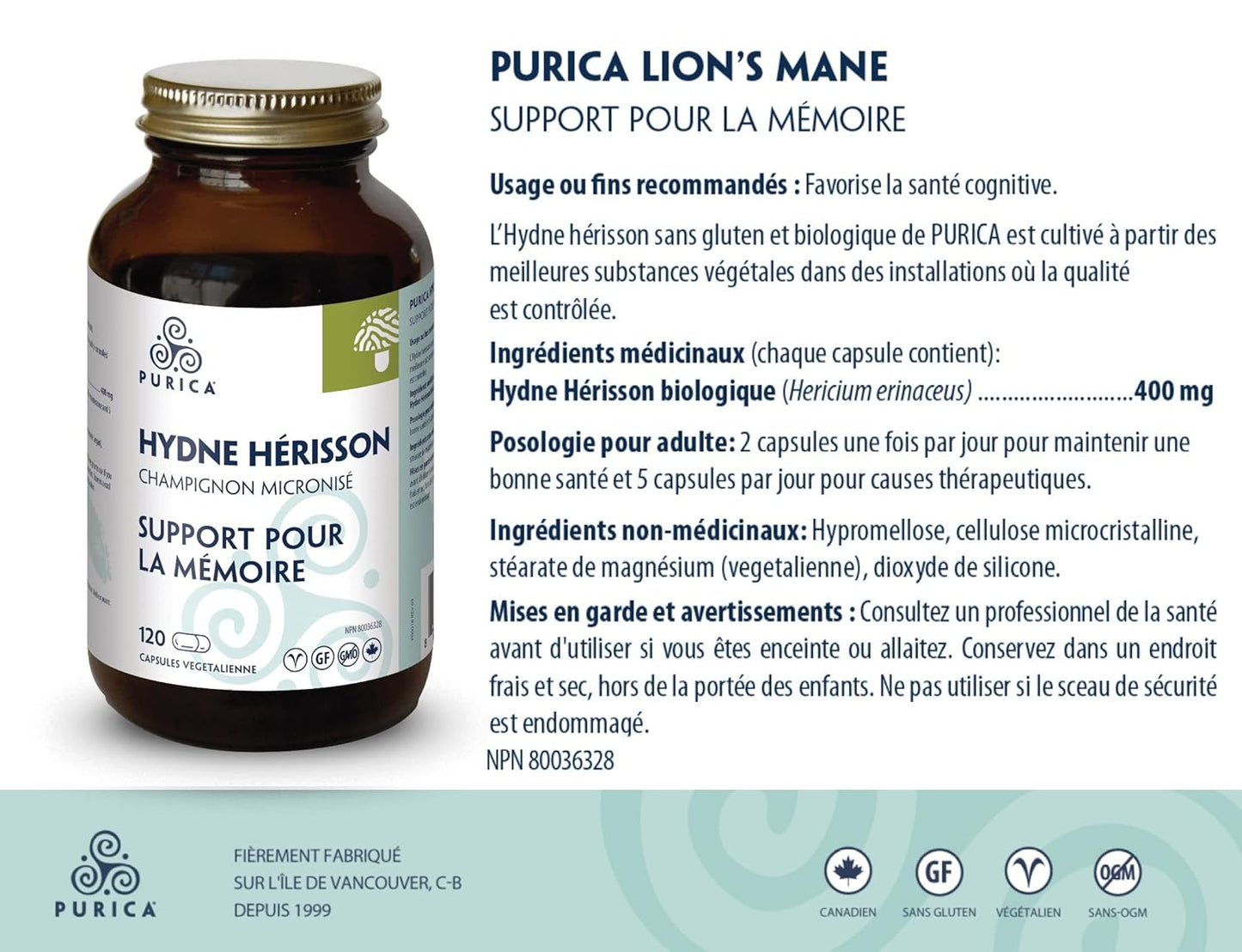 PURICA Lion's Mane Micronized Mushrooms - 120 Vegan Capsules for Cognitive Health, Focus, and Memory Support