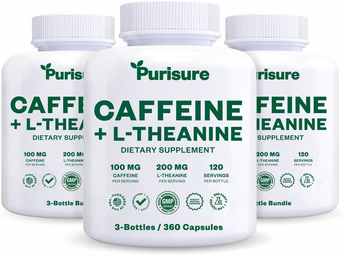 Purisure Caffeine Theanine Capsules: 100mg Caffeine + 200mg L-Theanine Energy Pills - Pre Workout & Nootropic Supplement - 120 Day Supply (Pack of 3)