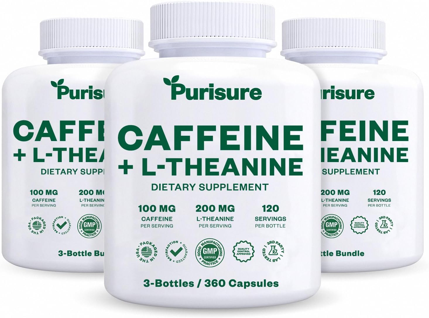 Purisure Caffeine Theanine Capsules: 100mg Caffeine + 200mg L-Theanine Energy Pills - Pre Workout & Nootropic Supplement - 120 Day Supply (Pack of 3)