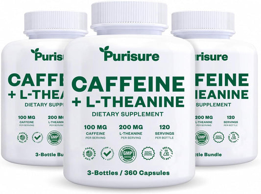Purisure Caffeine Theanine Capsules: 100mg Caffeine + 200mg L-Theanine Energy Pills - Pre Workout & Nootropic Supplement - 120 Day Supply (Pack of 3)