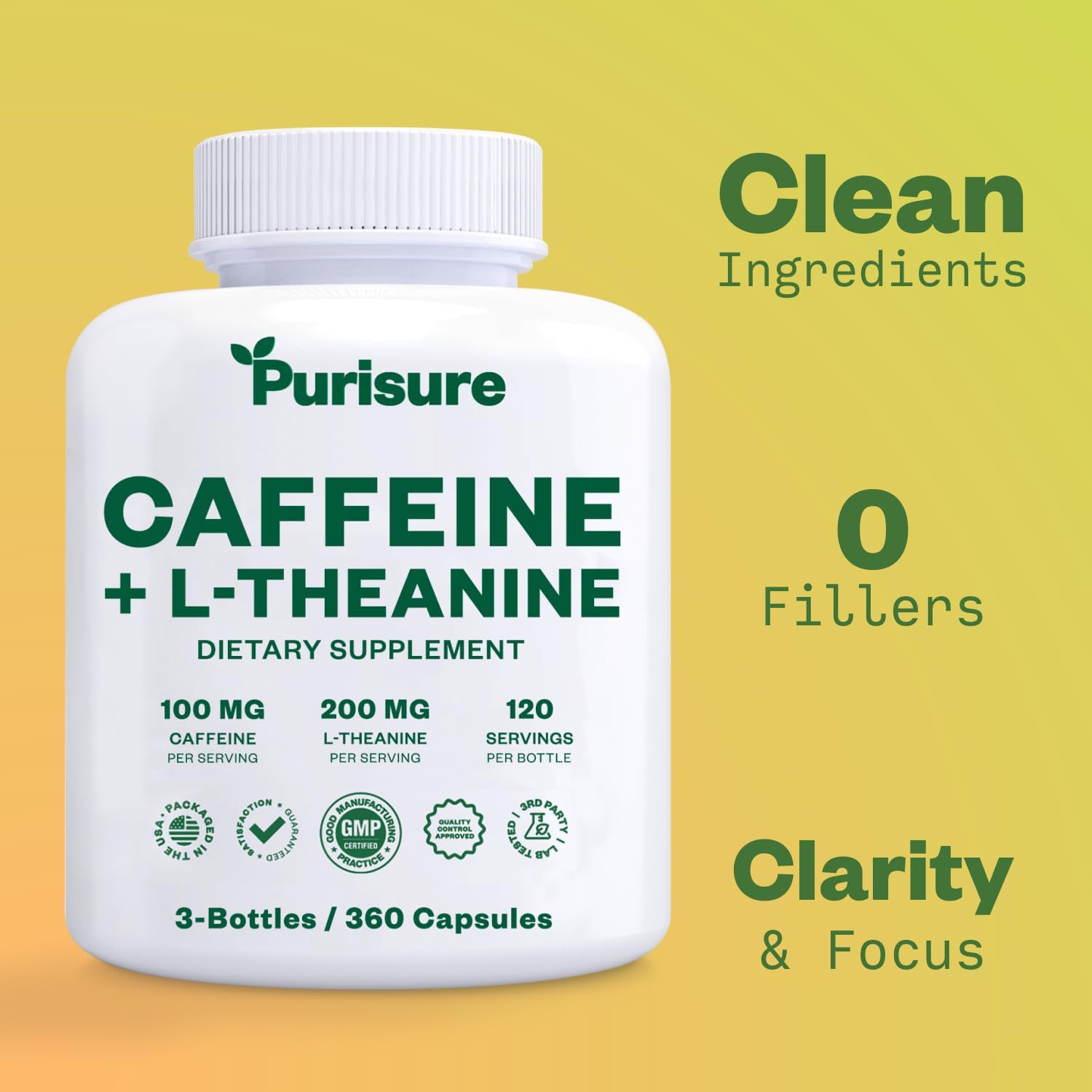 Purisure Caffeine Theanine Capsules: 100mg Caffeine + 200mg L-Theanine Energy Pills - Pre Workout & Nootropic Supplement - 120 Day Supply (Pack of 3)