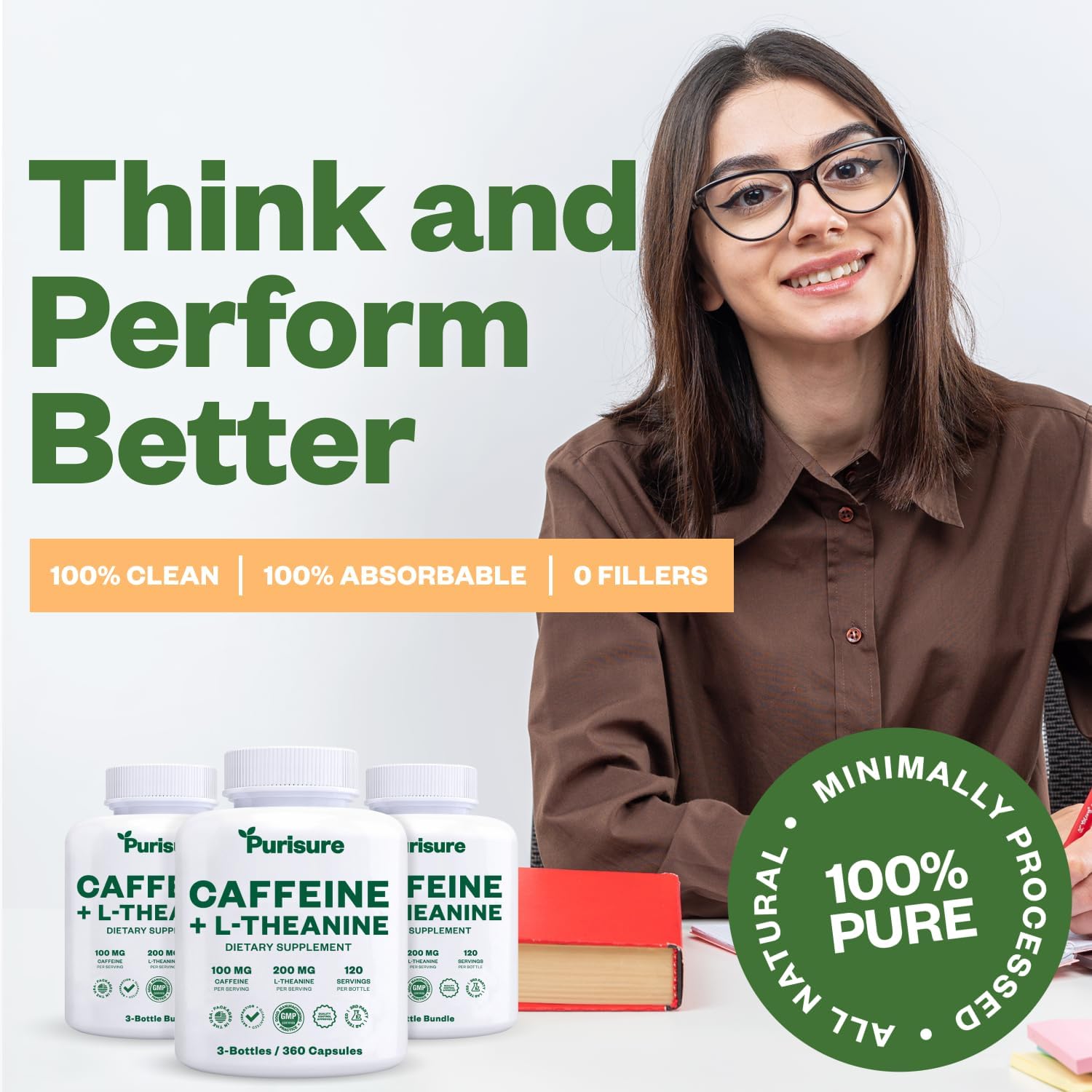 Purisure Caffeine Theanine Capsules: 100mg Caffeine + 200mg L-Theanine Energy Pills - Pre Workout & Nootropic Supplement - 120 Day Supply (Pack of 3)