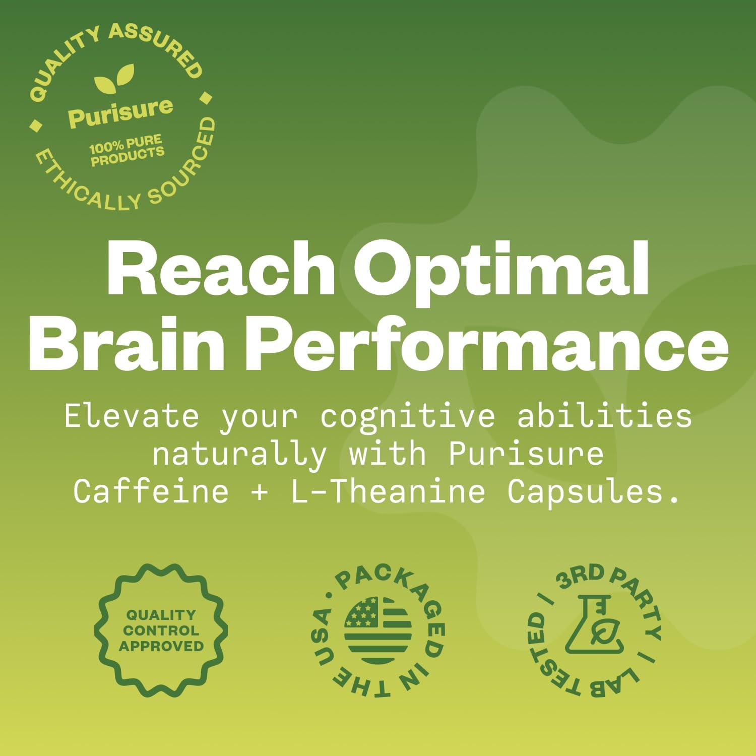 Purisure Caffeine Theanine Capsules: 100mg Caffeine + 200mg L-Theanine Energy Pills - Pre Workout & Nootropic Supplement - 120 Day Supply (Pack of 3)