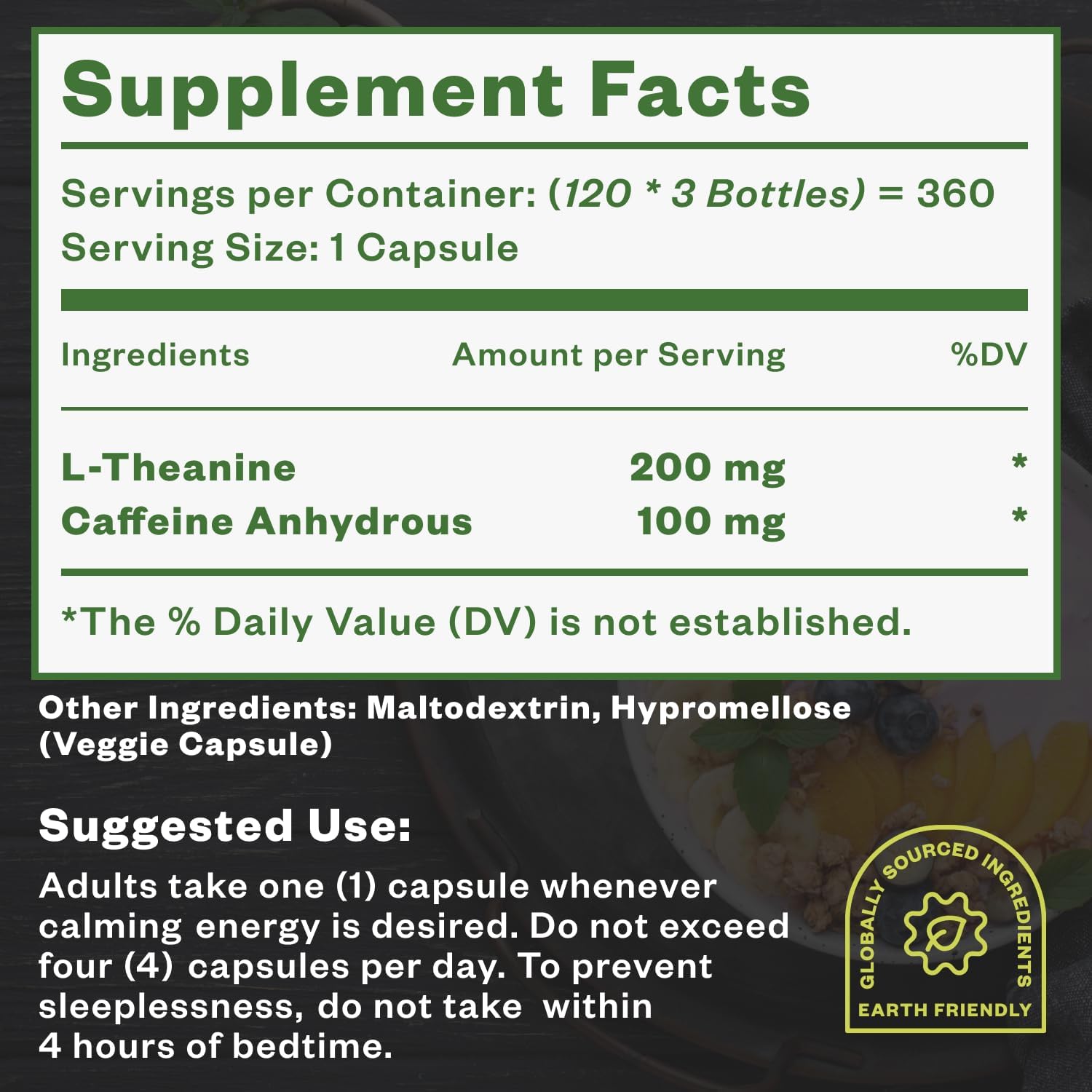 Purisure Caffeine Theanine Capsules: 100mg Caffeine + 200mg L-Theanine Energy Pills - Pre Workout & Nootropic Supplement - 120 Day Supply (Pack of 3)