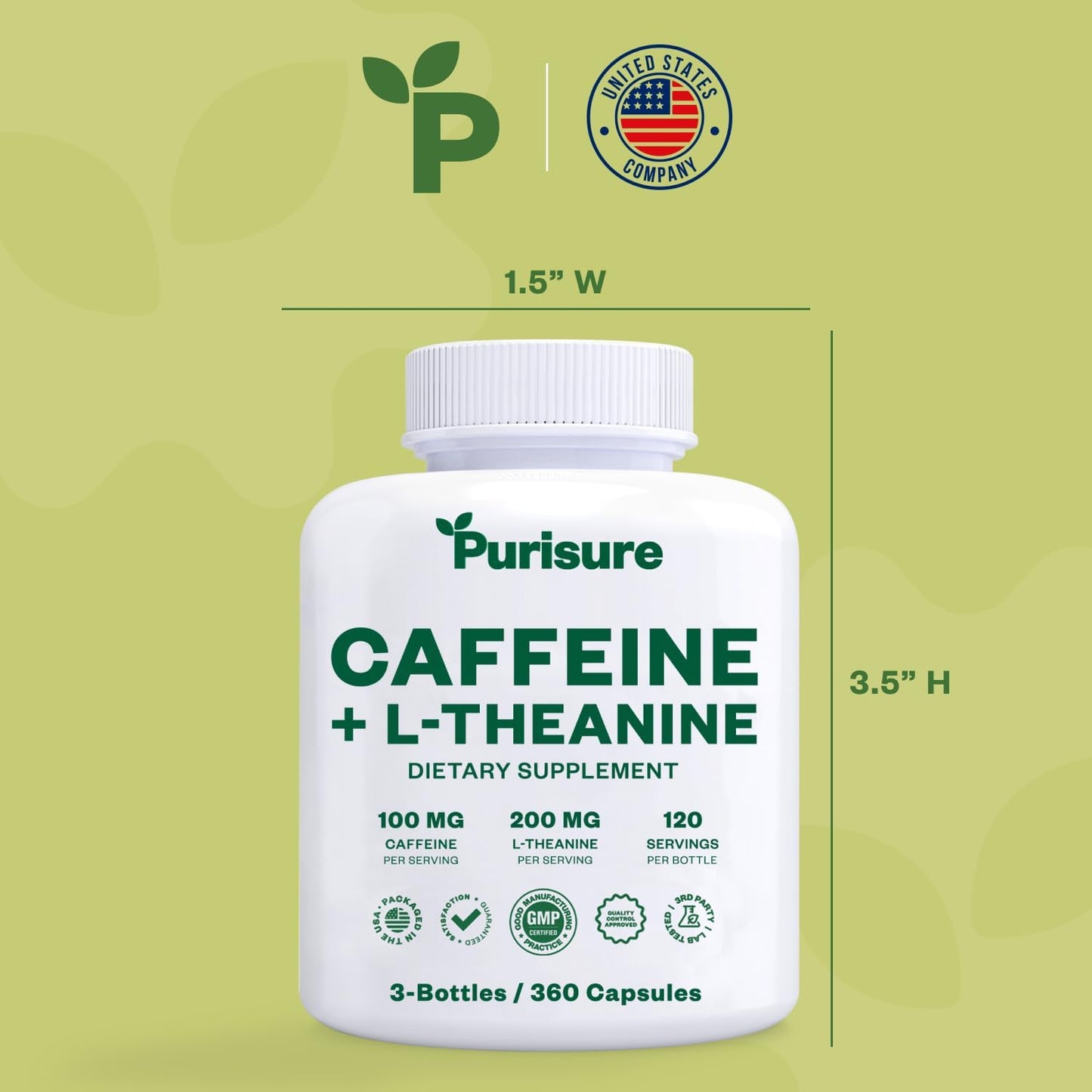 Purisure Caffeine Theanine Capsules: 100mg Caffeine + 200mg L-Theanine Energy Pills - Pre Workout & Nootropic Supplement - 120 Day Supply (Pack of 3)