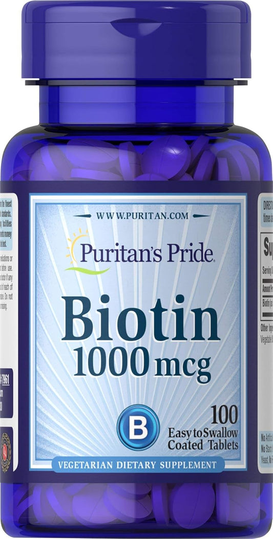 Puritan's Pride Biotin 1000 mcg Supplement - 100 Tablets for Hair, Skin, and Nails Support