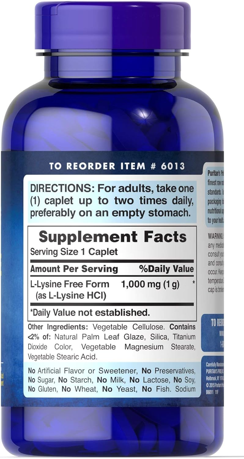 Puritan's Pride L-Lysine 1000 mg Caplets - 60 Count Bottle for Immune Support and Cold Sore Prevention