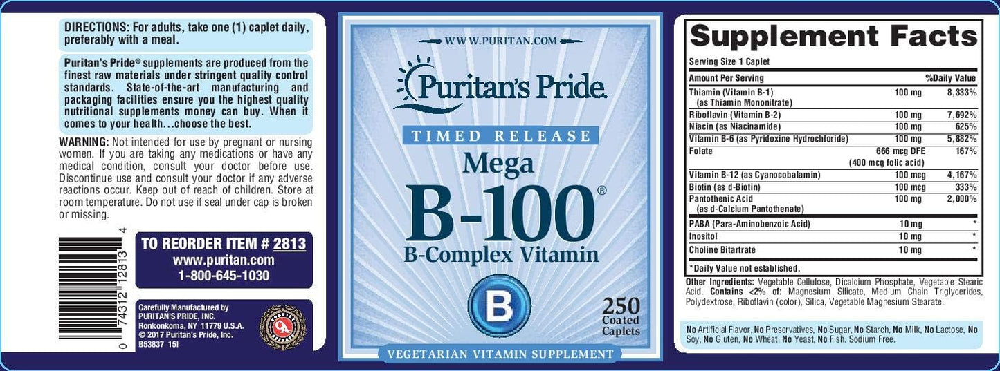 Puritan's Pride Vitamin B-100 Complex Timed Release Caplets for Energy Metabolism Support, 250 Count