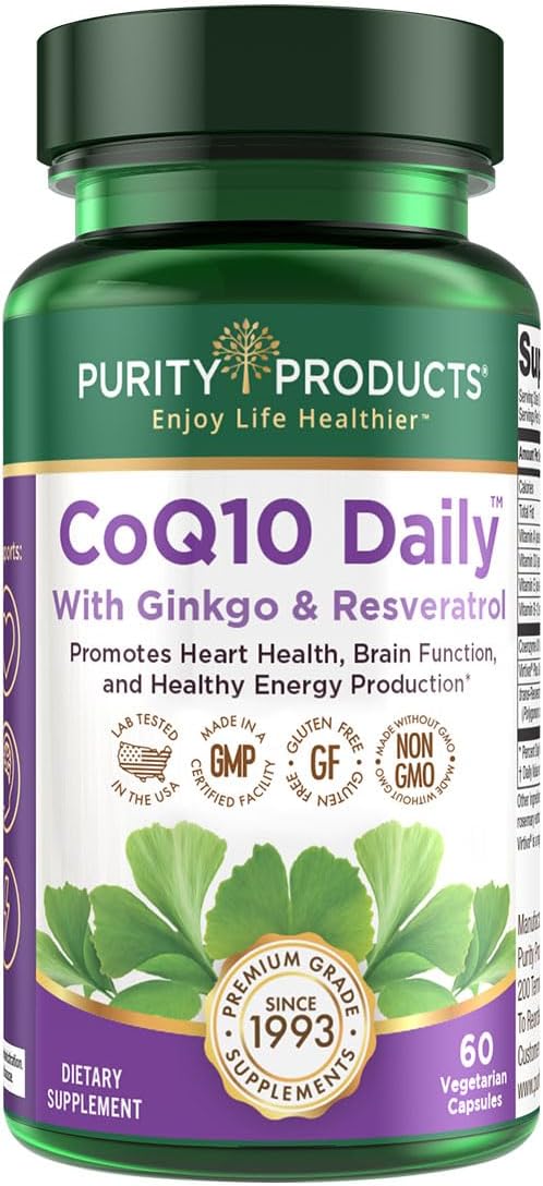Purity Products CoQ10 Daily Super Boost with Ginkgo, Resveratrol - 60 Vegetarian Capsules for Energy and Brain Health