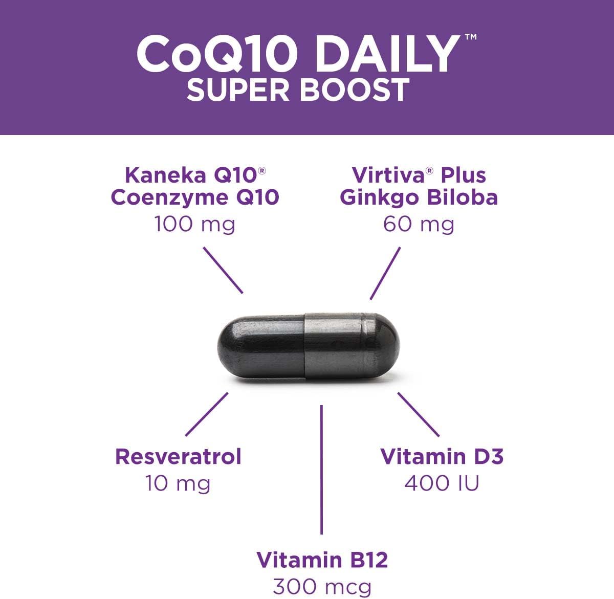 Purity Products CoQ10 Daily Super Boost with Ginkgo, Resveratrol - 60 Vegetarian Capsules for Energy and Brain Health