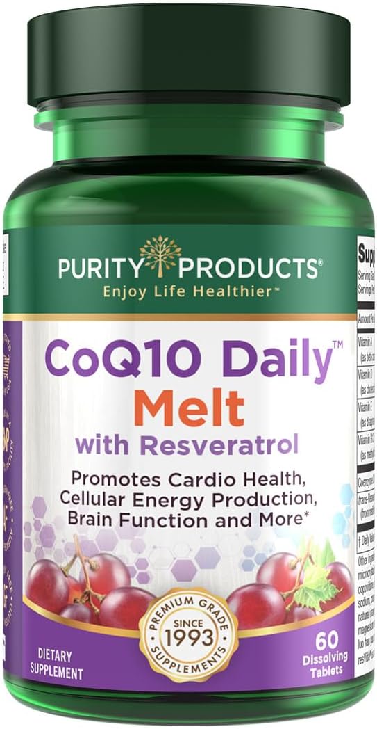 Purity Products CoQ10 Daily with Resveratrol 100mg - Fast Dissolving Tablets with Vitamins A, D3, E, and B12