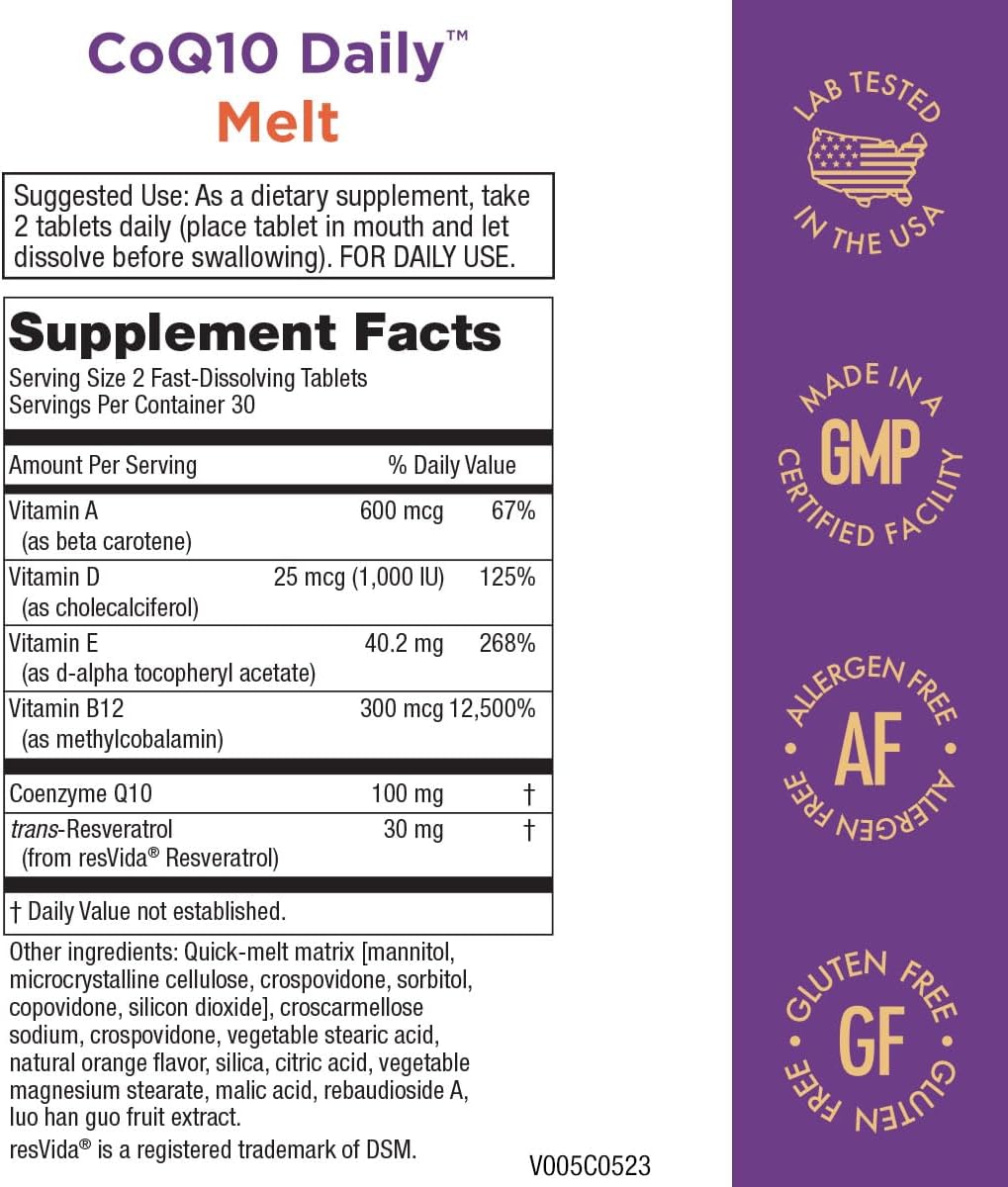 Purity Products CoQ10 Daily with Resveratrol 100mg - Fast Dissolving Tablets with Vitamins A, D3, E, and B12