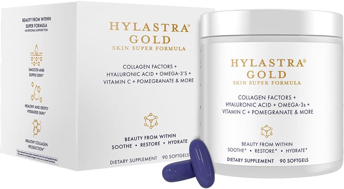 Purity Products Hylastra Gold Softgels - Collagen & Hyaluronic Acid Beauty Supplement - Boosts Skin Hydration & Elasticity - Reduces Wrinkles - 90 Softgels