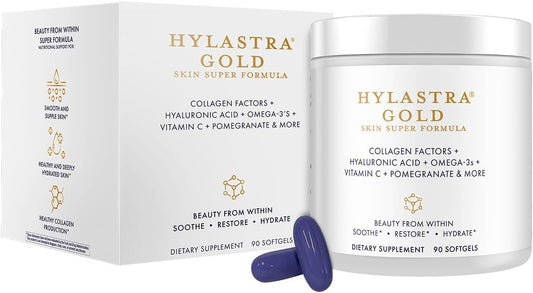 Purity Products Hylastra Gold Softgels - Collagen & Hyaluronic Acid Beauty Supplement - Boosts Skin Hydration & Elasticity - Reduces Wrinkles - 90 Softgels