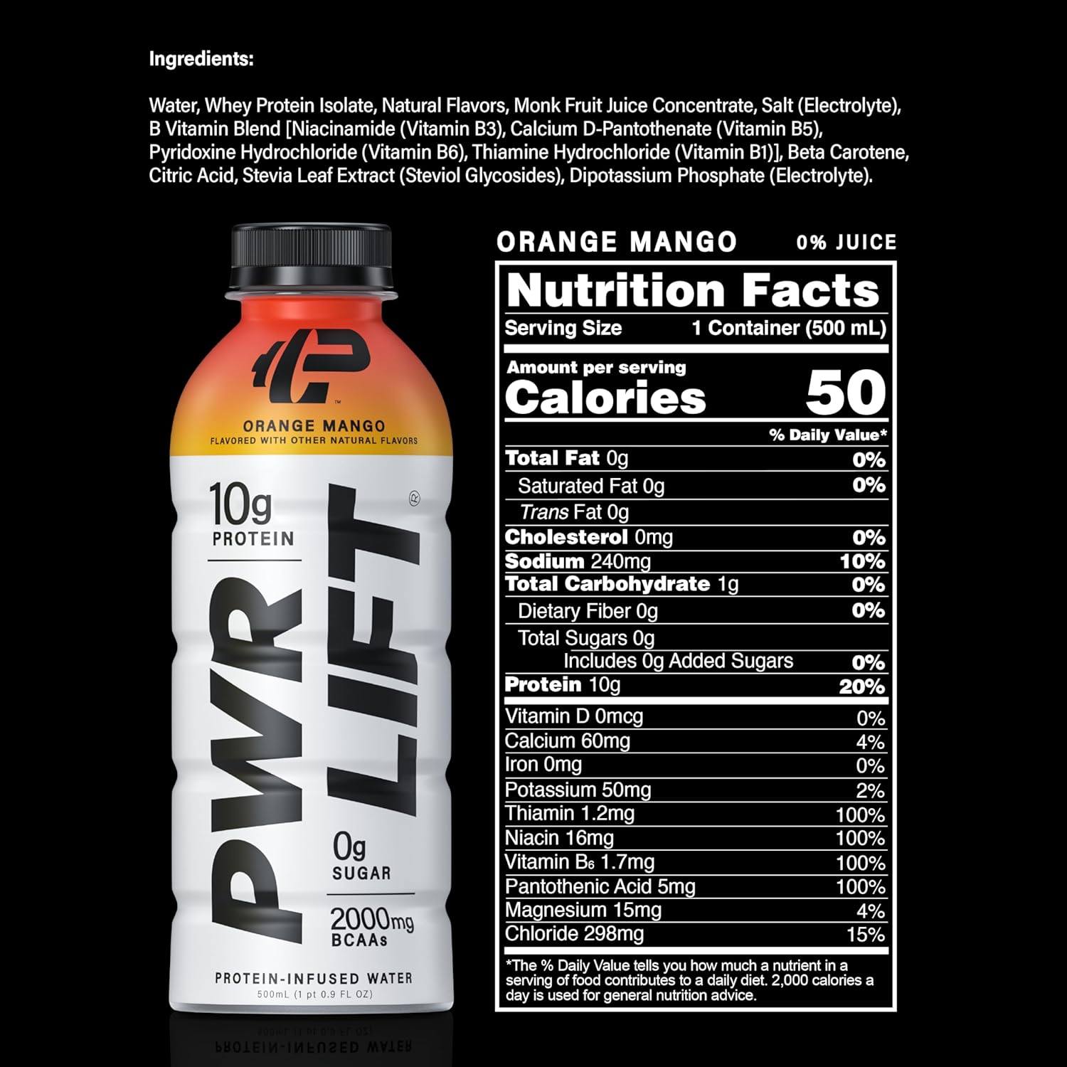 PWR LIFT Orange Mango Whey Protein Water Sports Drink | Keto, Vitamin B, Electrolytes | Zero Sugar, 10g Protein | Post-Workout Energy Beverage | 16.9oz (12 Pack) - BoostGo Australia
