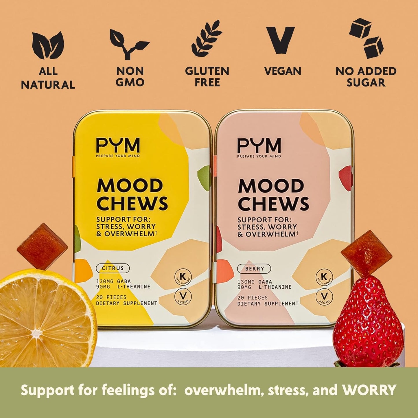 PYM Citrus Mood Chews with GABA & L-Theanine for Stress Relief - 120 Count | Vegan, Non-GMO, Gluten-Free | All-Natural Mood Support Supplement