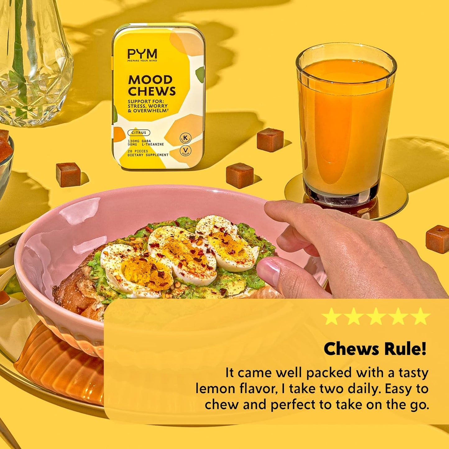 PYM Citrus Mood Chews with GABA & L-Theanine for Stress Relief - 120 Count | Vegan, Non-GMO, Gluten-Free | All-Natural Mood Support Supplement