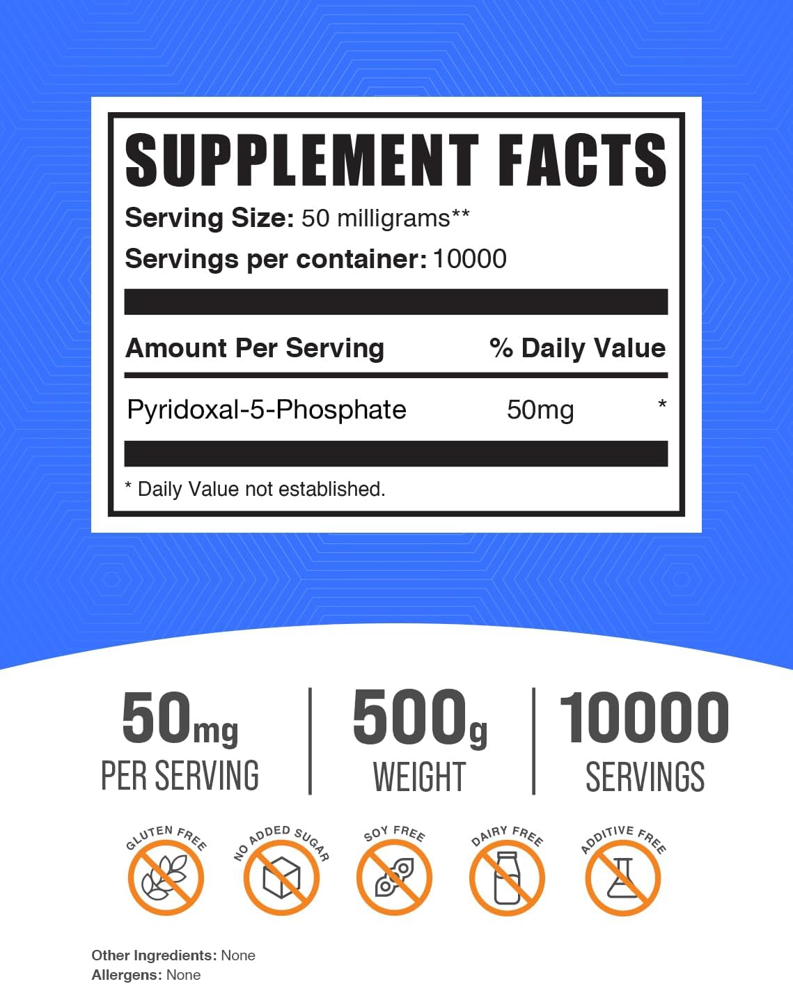 Pyridoxal 5 Phosphate Powder - P-5-P Vitamin B6 Supplement, 50mg per Serving, Gluten Free, 500g (1.1 lbs)
