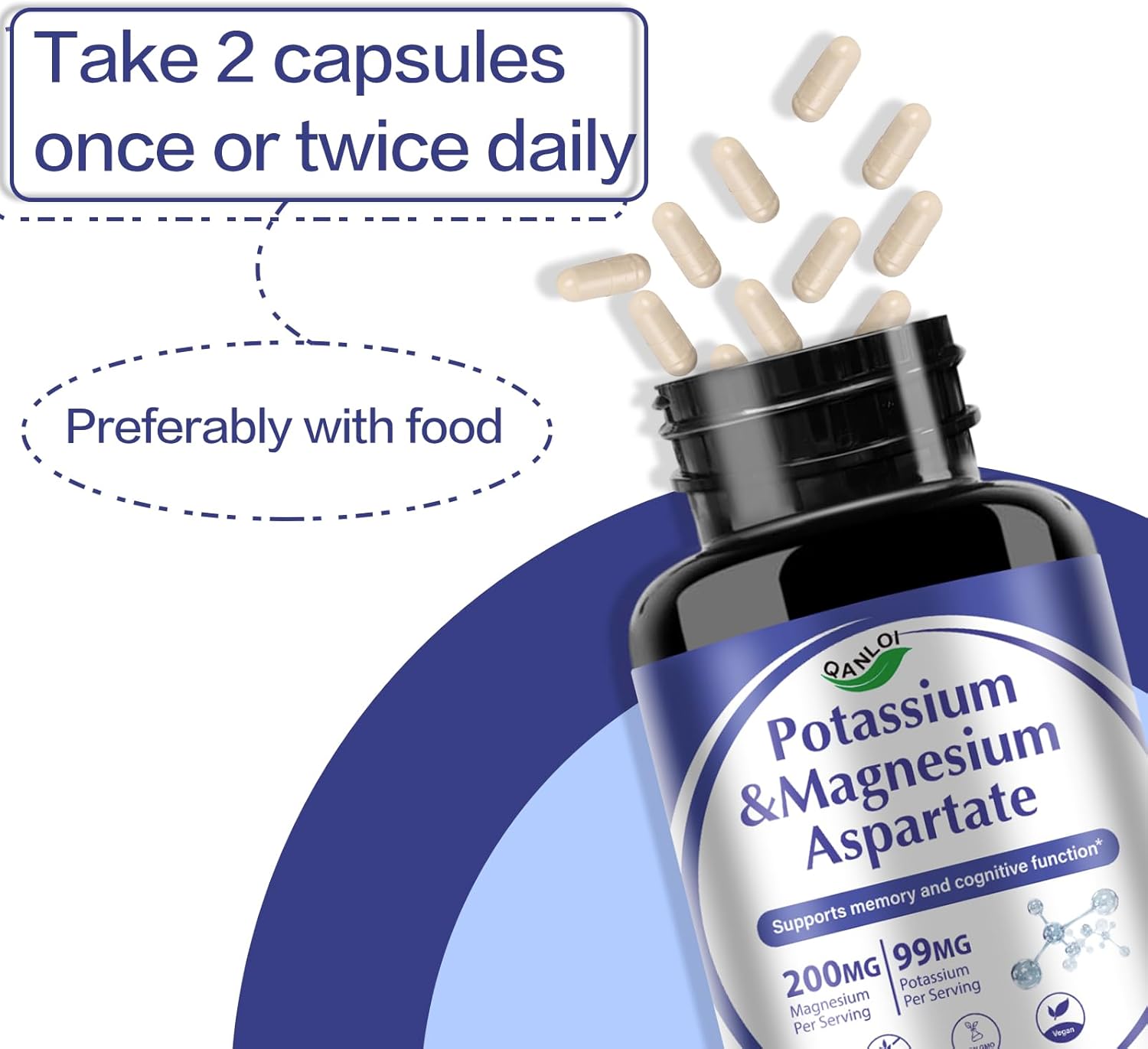 QANLOI Potassium Magnesium Aspartate Complex Supplement - 120 Capsules for Potassium & Magnesium Boost
